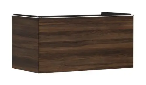 Waschtischunterschrank in dunklem Nussbaum mit einer Front aus Holz und einer Oberkante. Marke: Hansgrohe. Eignet sich für Konsolenaufsatzwaschtische.